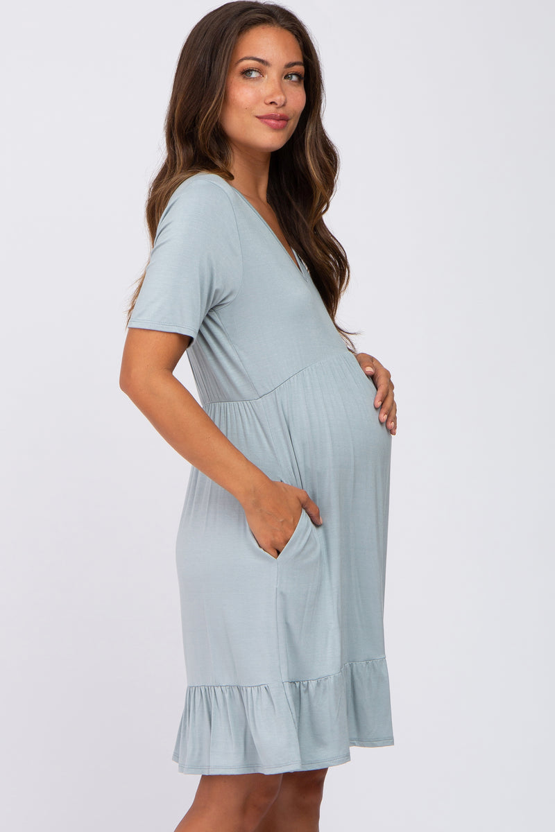 Light Blue V-Neck Ruffle Hem Maternity Dress– PinkBlush