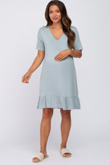 Light Blue V-Neck Ruffle Hem Maternity Dress