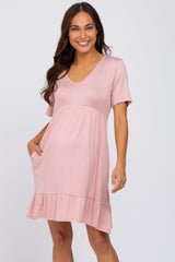 Light Pink V-Neck Ruffle Hem Maternity Dress