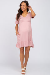 Light Pink V-Neck Ruffle Hem Maternity Dress