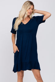 Navy Blue V-Neck Ruffle Hem Dress