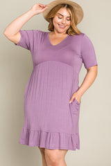 Lavender V-Neck Ruffle Hem Plus Dress