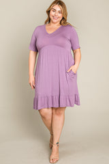 Lavender V-Neck Ruffle Hem Plus Dress