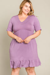 Lavender V-Neck Ruffle Hem Plus Dress