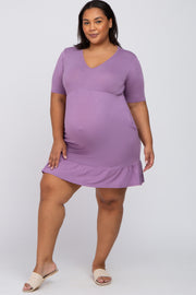 Lavender V-Neck Ruffle Hem Maternity Plus Dress