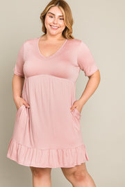 Light Pink V-Neck Ruffle Hem Plus Dress