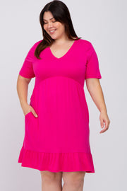 Fuchsia V-Neck Ruffle Hem Dress