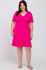 Fuchsia V-Neck Ruffle Hem Dress