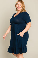 Navy Blue V-Neck Ruffle Hem Plus Dress