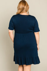 Navy Blue V-Neck Ruffle Hem Plus Dress