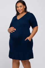 Navy Blue V-Neck Ruffle Hem Maternity Plus Dress