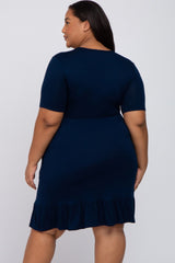 Navy Blue V-Neck Ruffle Hem Maternity Plus Dress