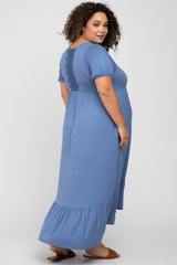 Blue Crochet Back Maternity Plus Midi Dress