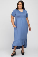 Blue Crochet Back Maternity Plus Midi Dress