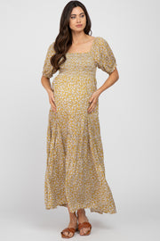 Yellow Floral Square Neckline Maternity Maxi Dress