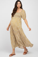 Yellow Floral Square Neckline Maternity Maxi Dress