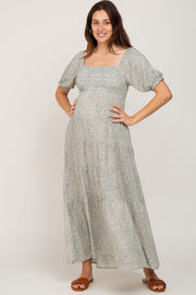 Light Olive Floral Square Neckline Maternity Maxi Dress