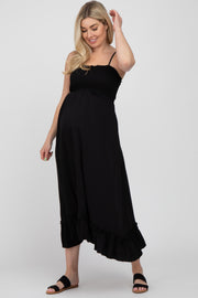 Black Smocked Ruffle Maternity Midi Dress