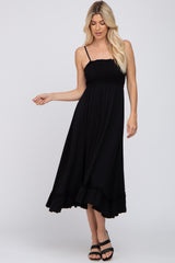 Black Smocked Ruffle Maternity Midi Dress