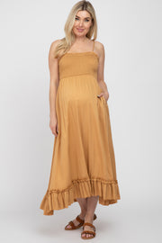 Gold Smocked Ruffle Maternity Midi Dress