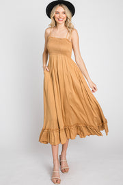 Gold Smocked Ruffle Midi Dress