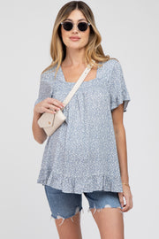 Blue Floral Square Neck Ruffle Hem Maternity Top