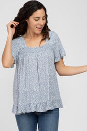 Blue Floral Square Neck Ruffle Hem Top