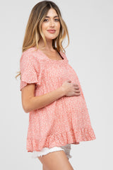 Coral Floral Square Neck Ruffle Hem Maternity Top