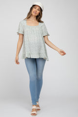 Ivory Floral Square Neck Ruffle Hem Maternity Top