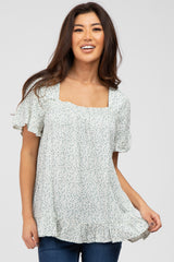 Ivory Floral Square Neck Ruffle Hem Maternity Top