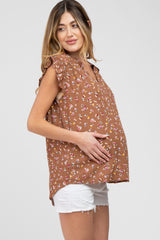 Mocha Floral Ruffle Sleeve Maternity Blouse