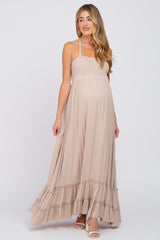 Beige Halter Neck Cut Out Maternity Maxi Dress