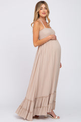 Beige Halter Neck Cut Out Maternity Maxi Dress