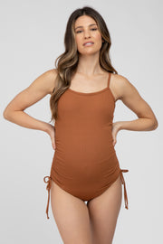 Mocha Ribbed Side Tie One-Piece Maternity Swimsuit