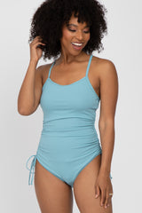 Aqua Ribbed Side Tie One-Piece Swimsuit