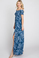 Navy Floral Off Shoulder Smocked Maxi Dress