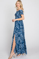 Navy Floral Off Shoulder Smocked Maxi Dress