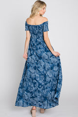 Navy Floral Off Shoulder Smocked Maxi Dress