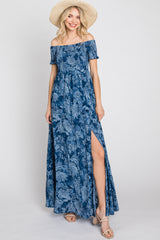 Navy Floral Off Shoulder Smocked Maxi Dress