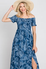 Navy Floral Off Shoulder Smocked Maxi Dress