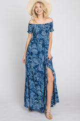 Navy Floral Off Shoulder Smocked Maxi Dress