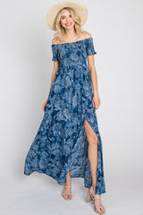 Navy Floral Off Shoulder Smocked Maxi Dress