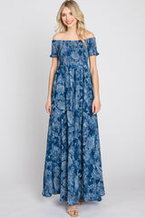 Navy Floral Off Shoulder Smocked Maxi Dress