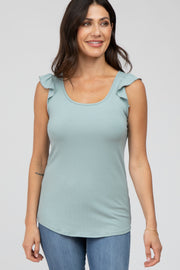 Mint Green Ribbed Ruffle Shoulder Tank Top