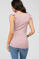 Pink Ribbed Ruffle Shoulder Maternity Tank Top