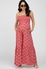 Red Animal Print Smocked Maternity Jumpsuit