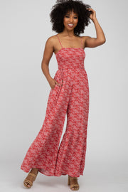 Red Animal Print Smocked Jumpsuit