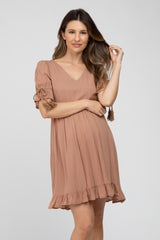 Mocha Ruffle Tassel Accent Maternity Dress