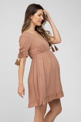 Mocha Ruffle Tassel Accent Maternity Dress