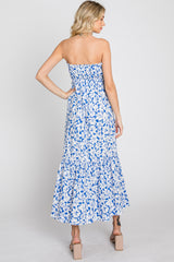 Blue Floral Strapless Ruffle Hem Midi Dress